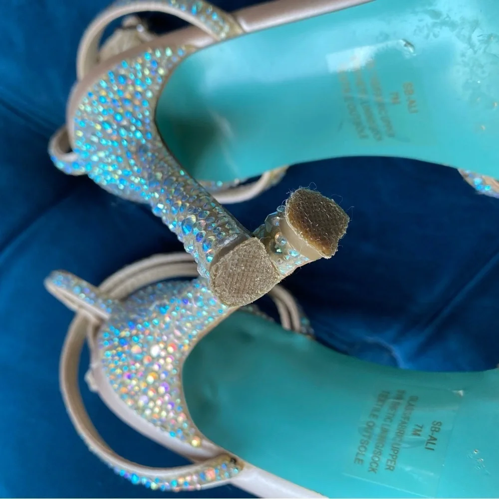Betsey Johnson Nude Crystal Embellished T-Strap Heels